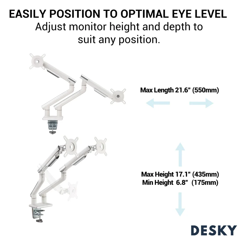 Desky Dual Slim Aluminium Monitor Arm - White