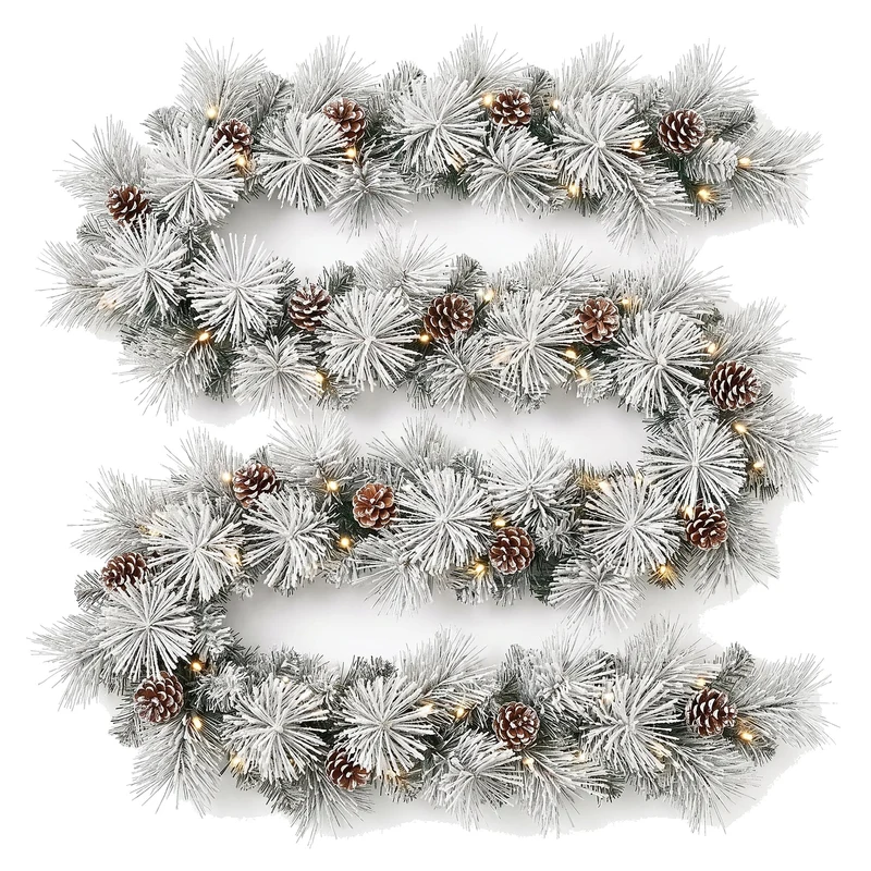 Christabelle 2.74m Alpine Snow Christmas Garland Pre Lit Multi Function LED Timer Flocked Pine Cones