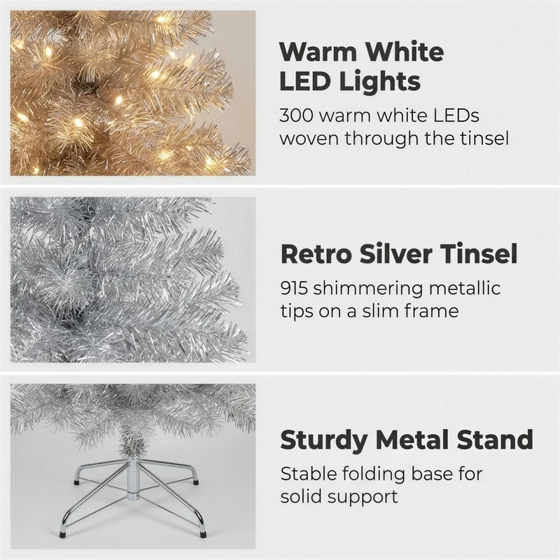 Christabelle 2.1m 7ft Silver Tinsel Christmas Tree Pre Lit Warm White LED Retro Artificial Indoor Xmas Decor Home