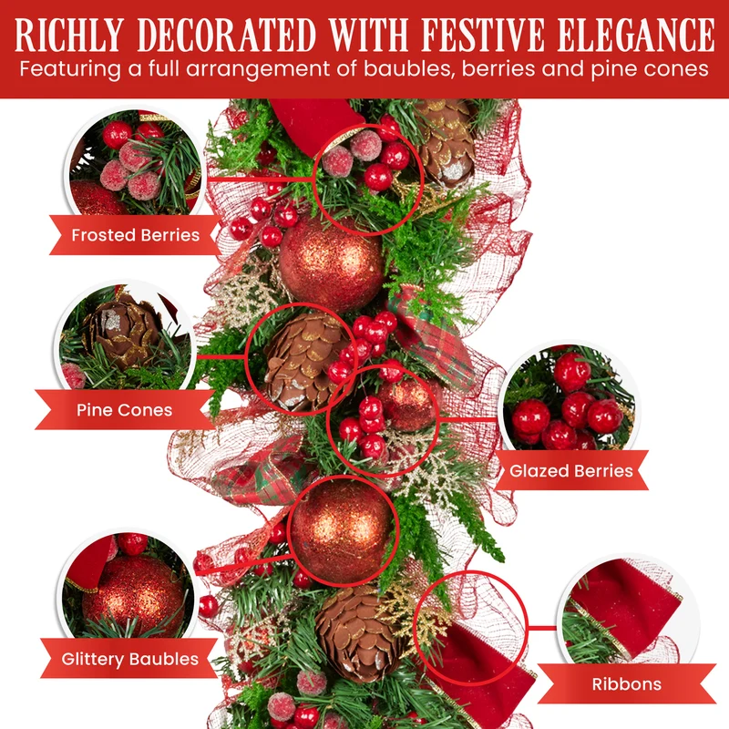 Christabelle 1m Christmas Garland with Red Berries Pine Cones Baubles Berries Tree Decoration Ornament