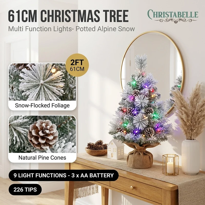 Christabelle 61cm 2ft Alpine Snow Potted Christmas Tree Pre Lit LED Pinecone Hessian Tabletop Festive Holiday Decoration