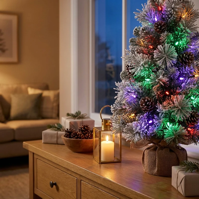 Christabelle 61cm 2ft Alpine Snow Potted Christmas Tree Pre Lit LED Pinecone Hessian Tabletop Festive Holiday Decoration
