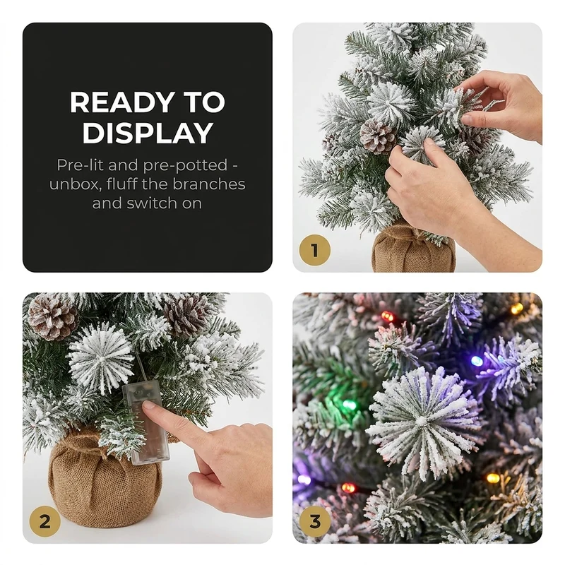 Christabelle 61cm 2ft Alpine Snow Potted Christmas Tree Pre Lit LED Pinecone Hessian Tabletop Festive Holiday Decoration