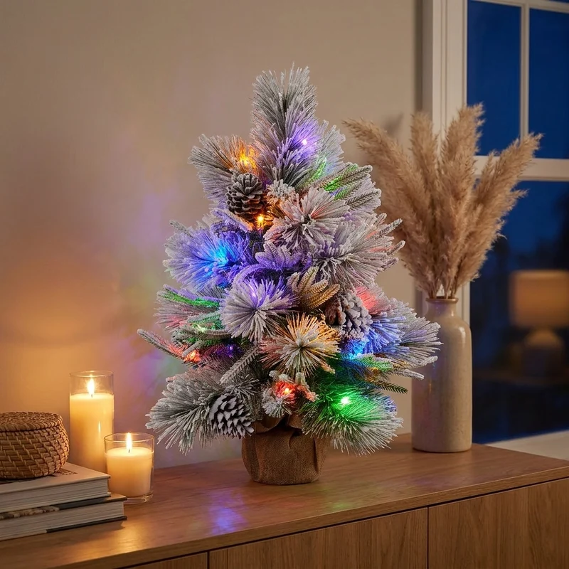 Christabelle 61cm 2ft Alpine Snow Potted Christmas Tree Pre Lit LED Pinecone Hessian Tabletop Festive Holiday Decoration