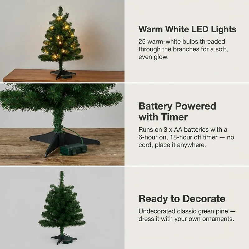 Christabelle 61cm 2ft Highland Pine Christmas Tree Pre Lit Warm White LED Timer Tabletop Artificial Indoor Xmas Decor