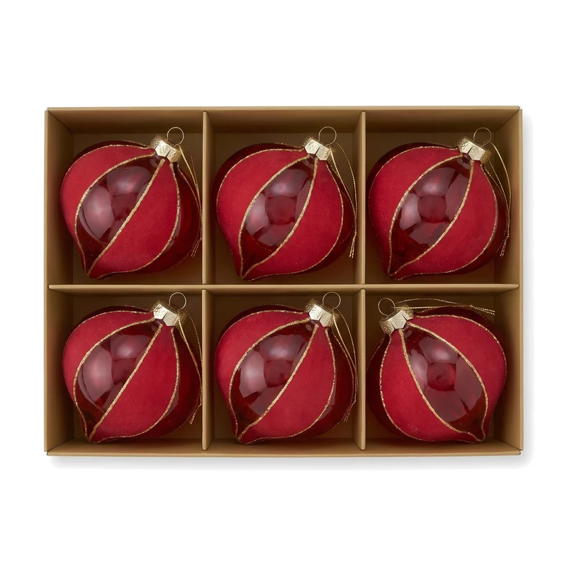 Christabelle 6 Red Glass Christmas Baubles Onion Shape 10cm Xmas Tree Decorations Hanging Ornaments Gift Boxed Set