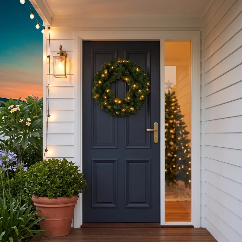 Christabelle 61cm Highland Pine Christmas Wreath Pre Lit Warm White LED Battery Operated Timer Hanging Wall Display Home