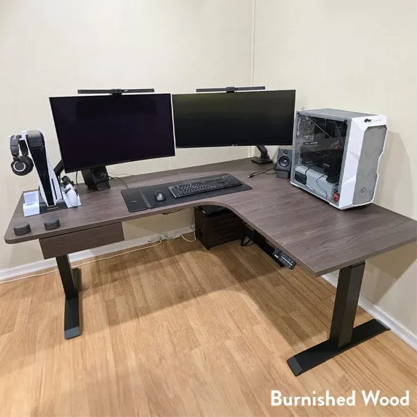 Desky L-Shape Melamine Sit Stand Desk 200cm - Left Return Sublime Teak Top and Wheat Leg
