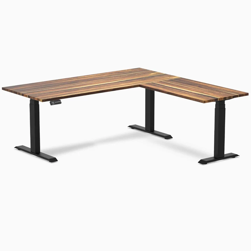 Desky Hardwood L-Shape Sit Stand Desk 180 x 175 cm White Oak / Wheat Top and Wheat Leg