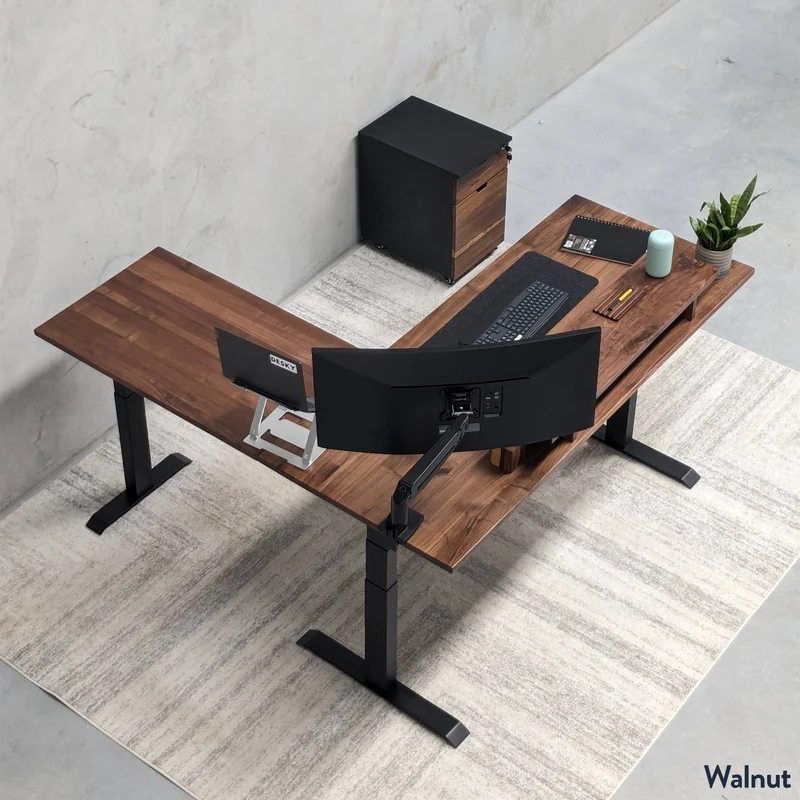 Desky Hardwood L-Shape Sit Stand Desk 180 x 175 cm Walnut / Wheat Top and Wheat Leg