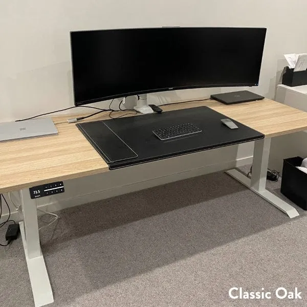 Desky Dual Scalloped Melamine Sit Stand Desk - Classic Oak / 1200x750mm / Wheat