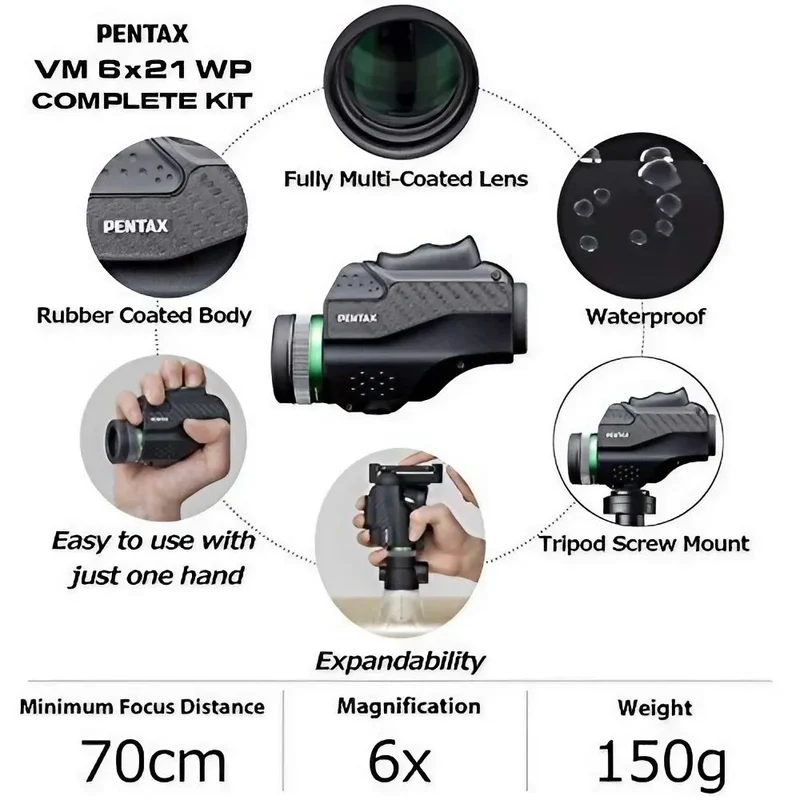 Pentax VM 6x21 WP Monocular - Complete Kit with SmartPhone Adapter - A | 101 | 150