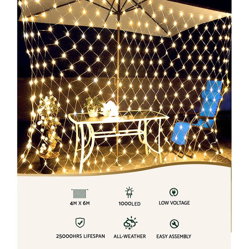 Jingle Jollys ChristmasLights 4mx6m Net String Light 1000 LED Warm White