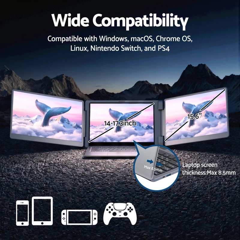 Devanti Triple Portable Monitor Laptop Screen Extender 15.6" Dual Display FHD IPS