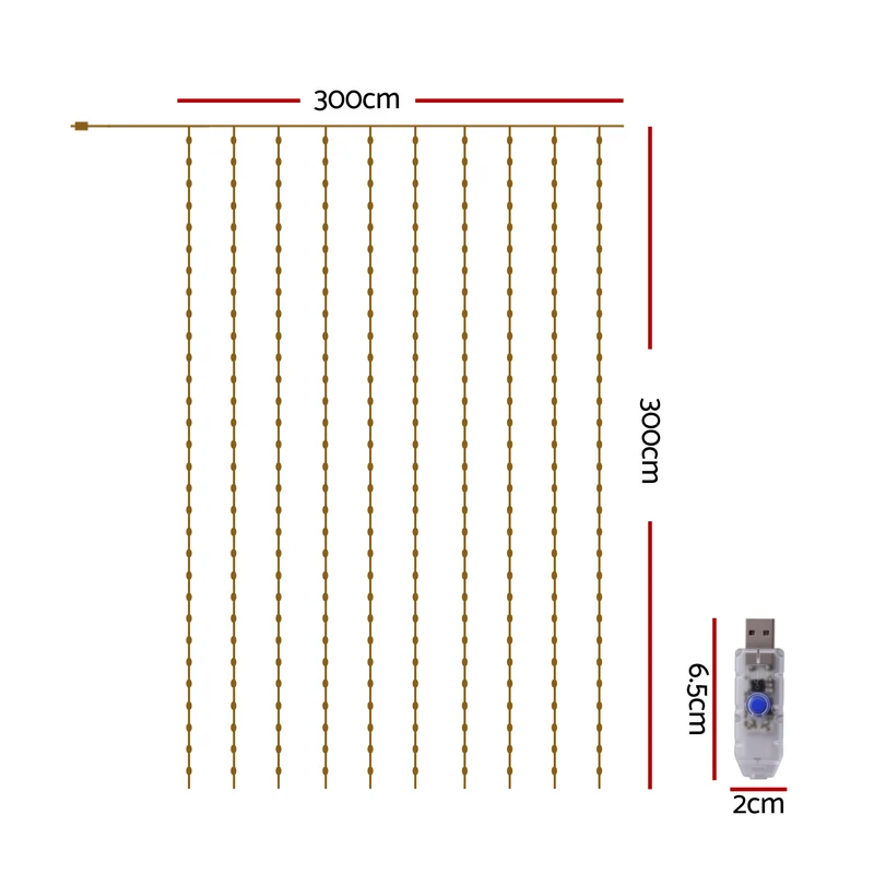 Jingle Jollys 3X3M Christmas Lights Curtain String Light 300 LED Warm White