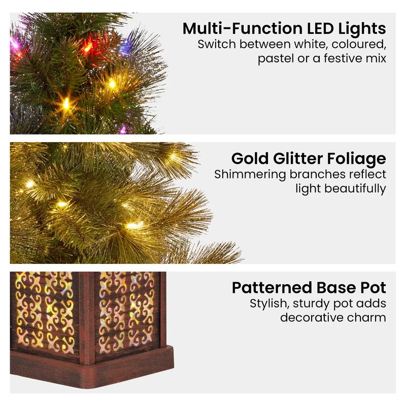 Christabelle 4ft Christmas Tree Glittery Gold Pine Foliage LED Multi Lights Xmas Decor