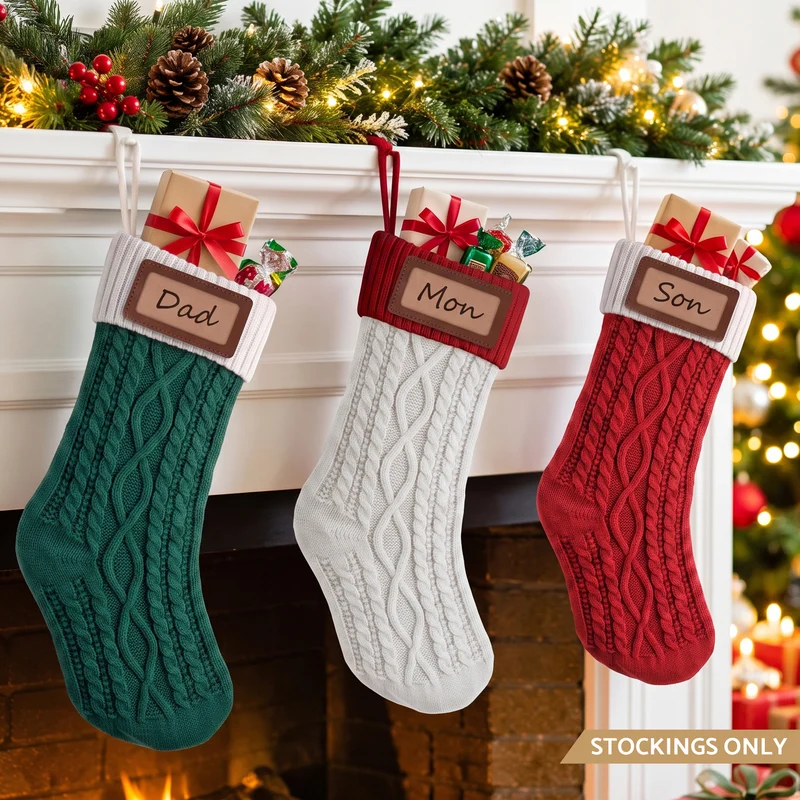 Jingle Jollys 3PCS Personalized Christmas Stockings with Leather Patches 16" Knitted Contrast Colour Xmas Hanging Decor