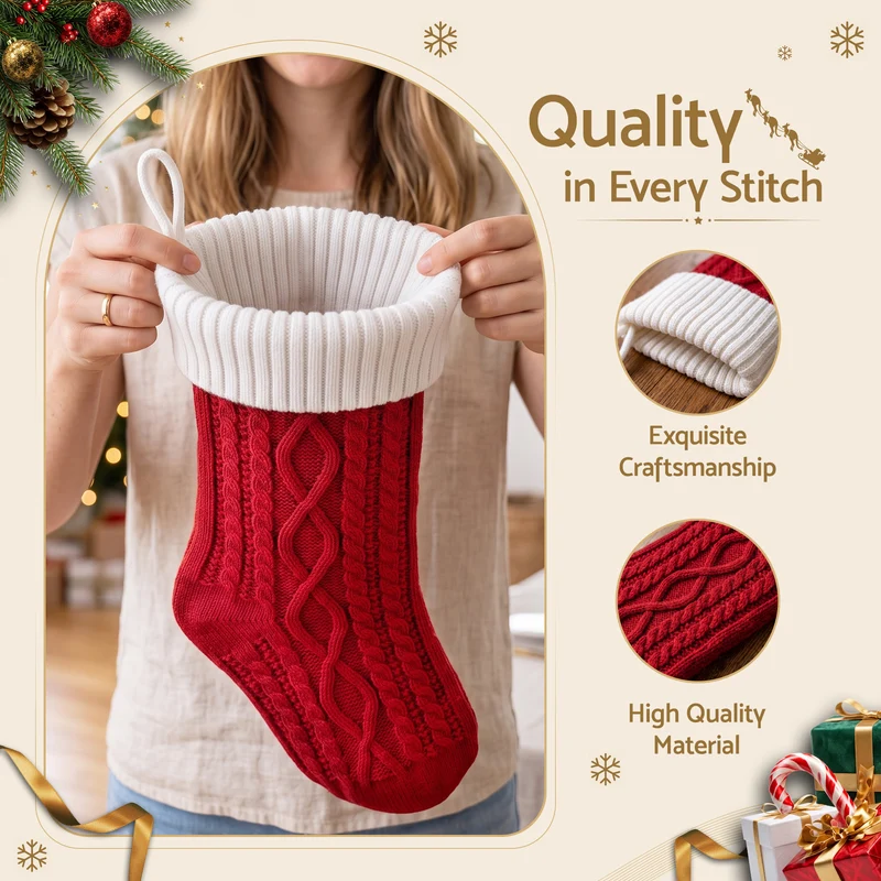 Jingle Jollys 3PCS Personalized Christmas Stockings with Leather Patches 16" Knitted Contrast Colour Xmas Hanging Decor