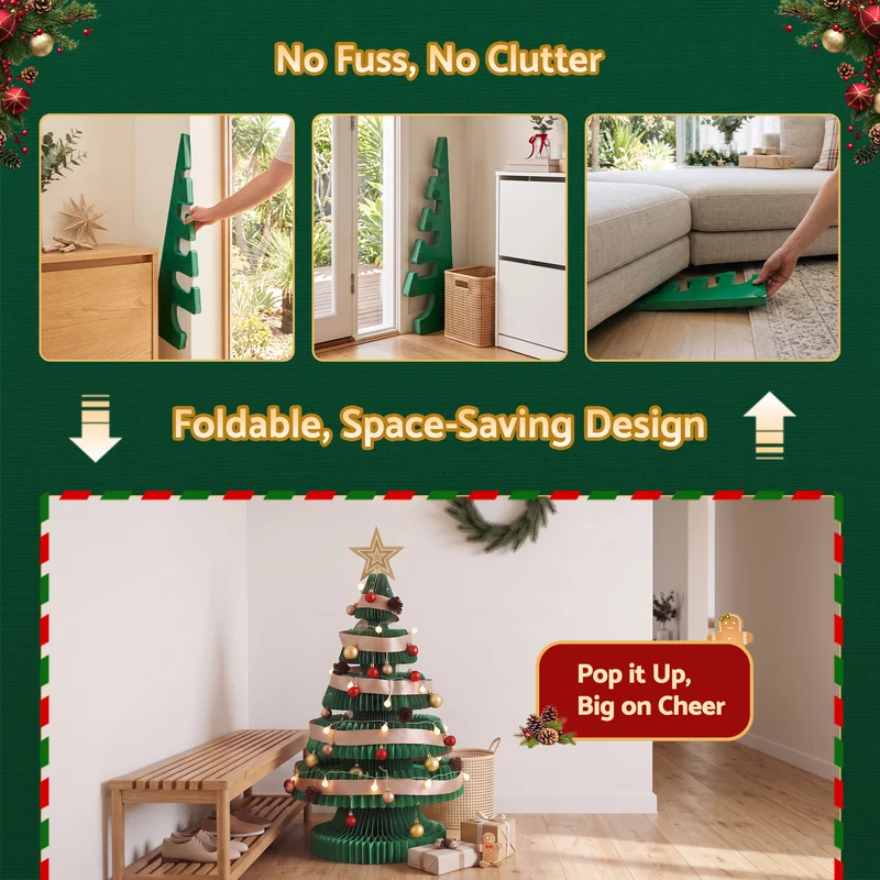 Jingle Jollys Paper Christmas Tree 87CM with Star Topper LEDs Xmas Decorations Kit Home Office Green