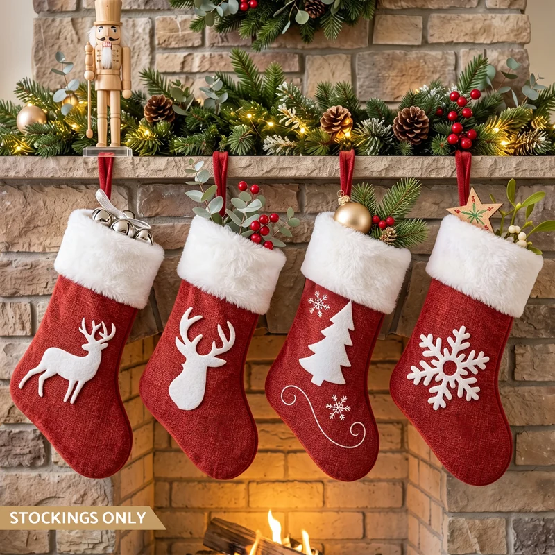 Jingle Jollys 4 Pack Large Velvet Christmas Stockings 46.5cm Red White Decor