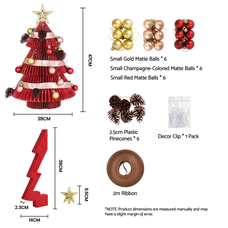 Jingle Jollys Paper Christmas Tree 47CM with Star Topper Xmas Decoration Tabletop Red DIY Ornament Set