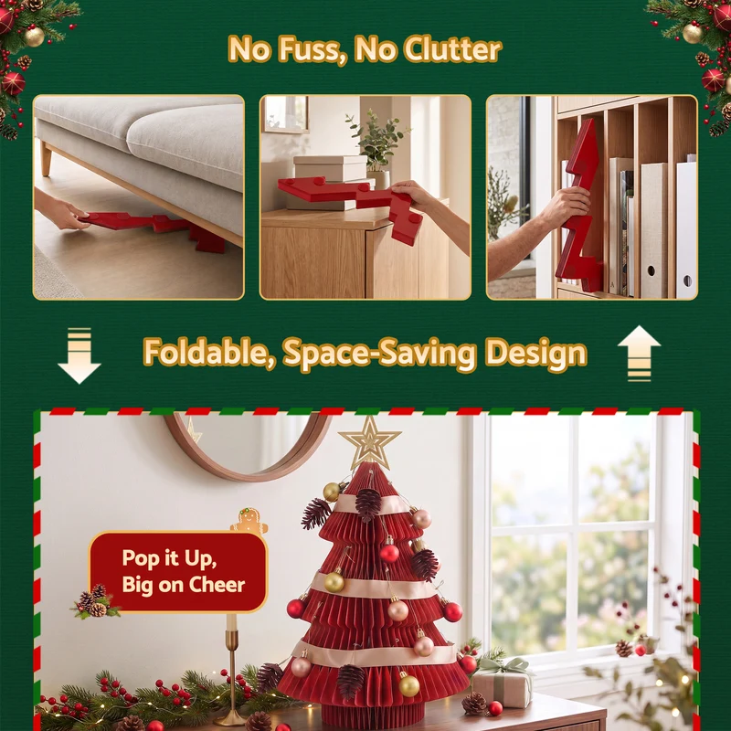 Jingle Jollys Paper Christmas Tree 47CM with Star Topper Xmas Decoration Tabletop Red DIY Ornament Set