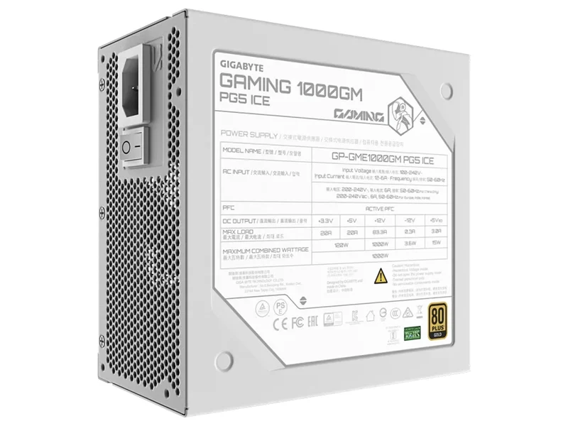 GIGABYTE GAMING 1000GM PG5 ICE 80+ Gold Cybenetics 1000W ATX3.1 Fully Modular Power Supply