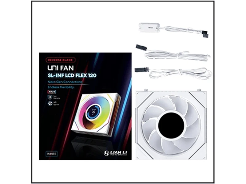 Lian Li Uni Fan SL Infinity 1.8in LCD Flex 2.4GHz Wireless 120mm Reverse Blade ARGB Fan - White (12RSLIND1F1W)