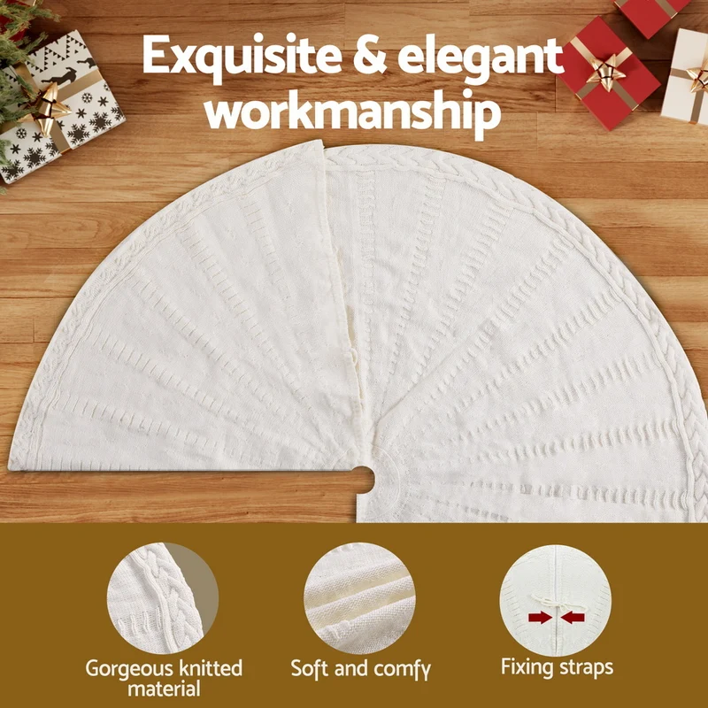 Jingle Jollys Christmas Tree Skirt 120cm Knitted Xmas Tree Ornaments Decor Beige