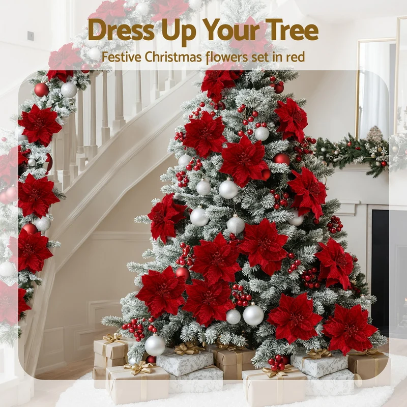 Jingle Jollys 14Pcs Christmas Tree Flowers Set Xmas Garland Wreath Ornaments Red