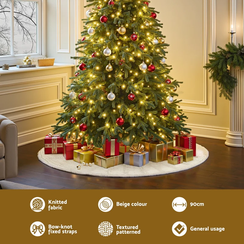 Jingle Jollys Christmas Tree Skirt 90cm Knitted Fabric Xmas Ornament Decor Beige