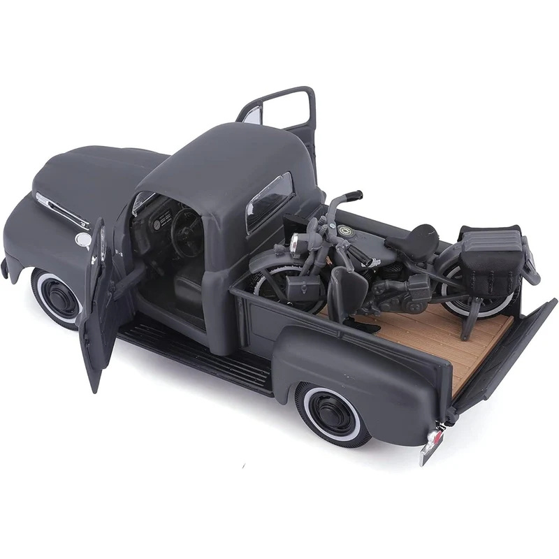 Maisto Licensed 1:24 Scale Harley-Davidson 1948 Ford F1 Pickup & 1942 WLA Flathead Model Car Grey
