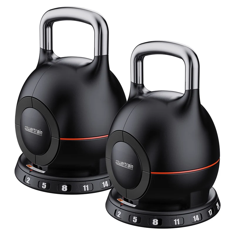 Powertrain 2x 20kg Adjustable Kettlebell Pair Quick Adjust Weight Set for Home Gym Strength & Fitness Workout