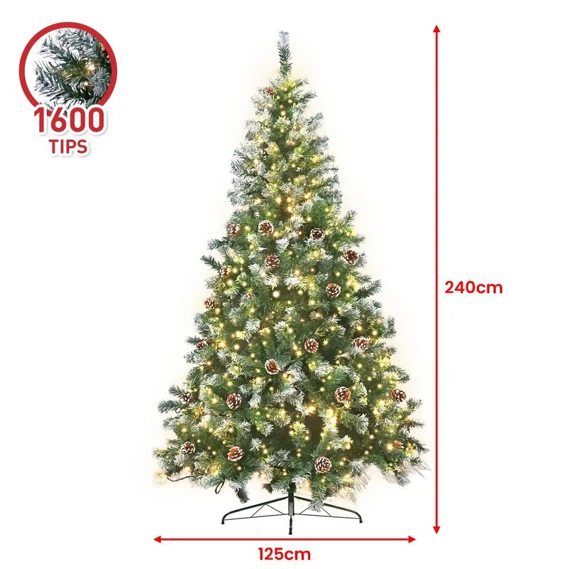 Christabelle 2.4m Pre-Lit LED Artificial Christmas Tree with Snow Tipped Needles Pine Cones Stand