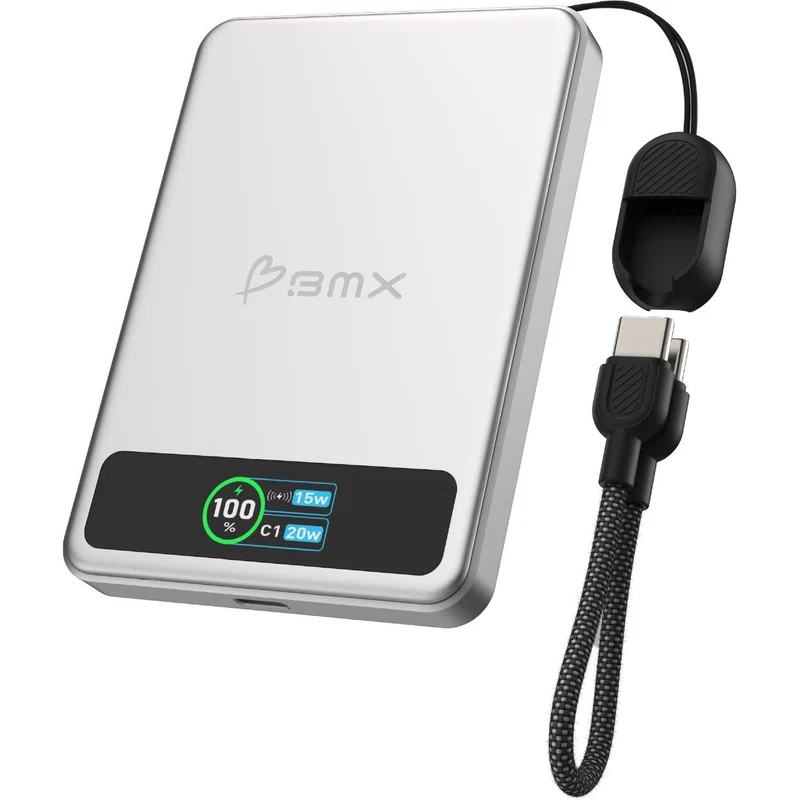 BMX SolidSafe 5K Semi-Solid-State 15W Magnetic Power Bank with Display (Silver)
