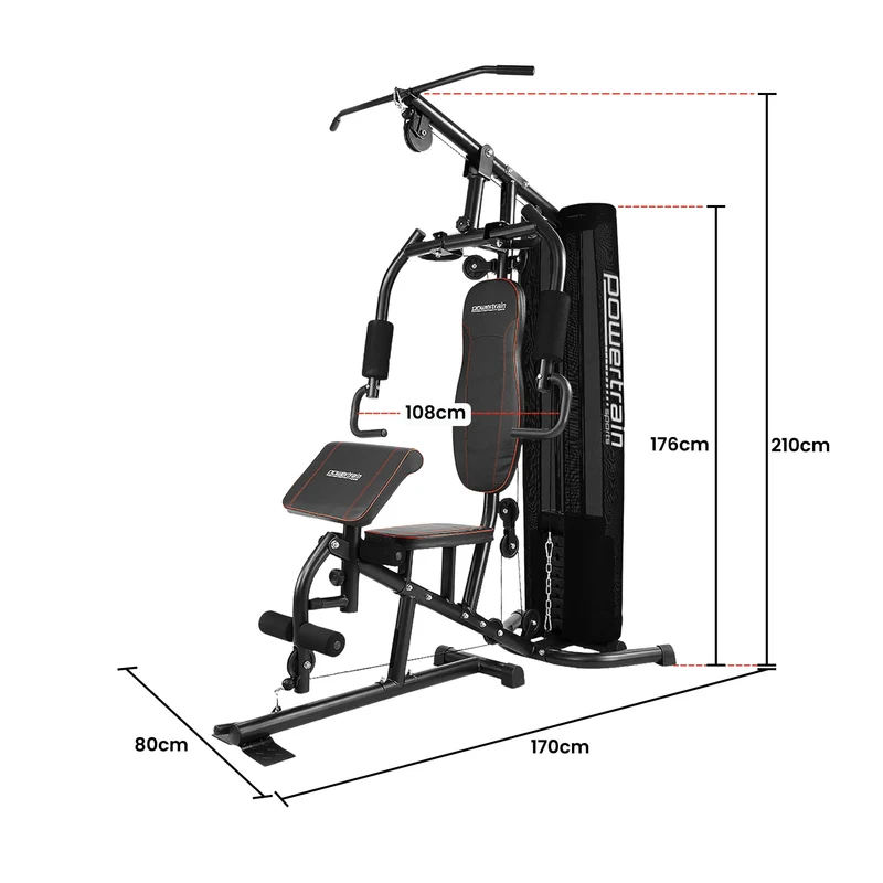 Powertrain Multi Station Home Gym 68kg Weight Stack All-in-One Fitness Workout Machine Lat Pulldown Preacher Curl