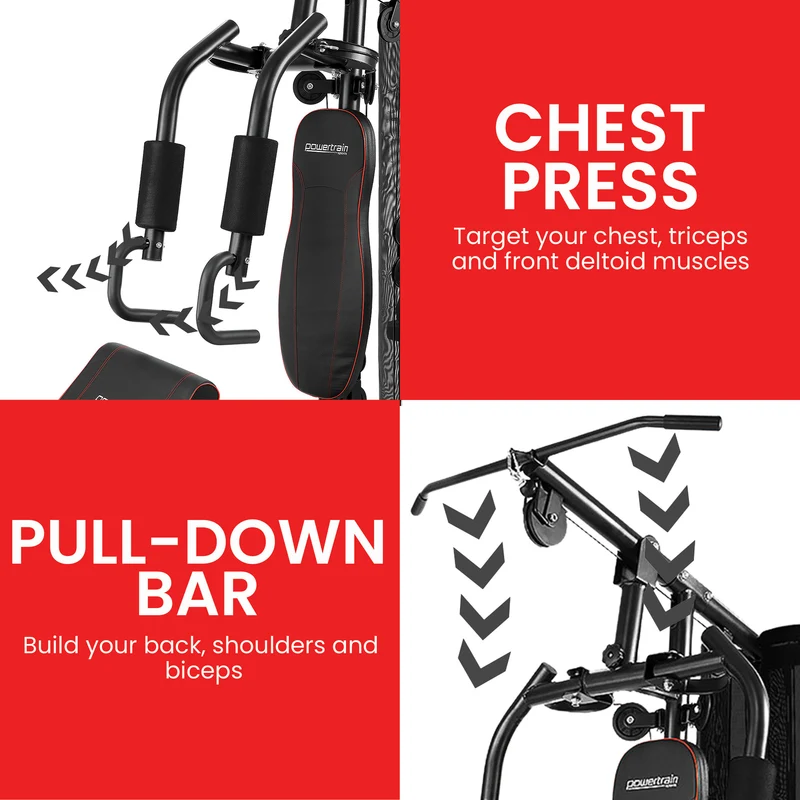 Powertrain Multi Station Home Gym 68kg Weight Stack All-in-One Fitness Workout Machine Lat Pulldown Preacher Curl