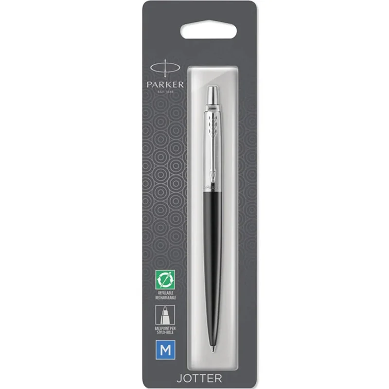 Parker Jotter Ballpoint Pen Bond Street Black Chrome Trim Medium Nib Blue