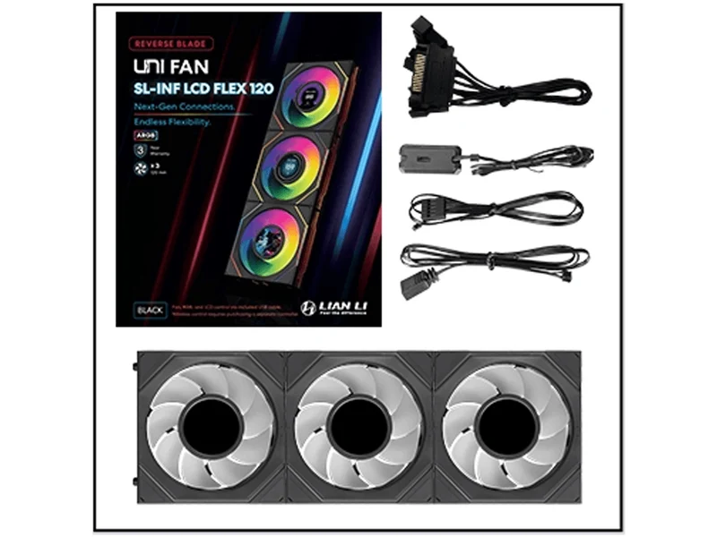 Lian Li Uni Fan SL Infinity 1.8in LCD Flex 2.4GHz Wireless 120mm Reverse Blade ARGB Fan 3 Pack - Black (12RSLIND1F3B)