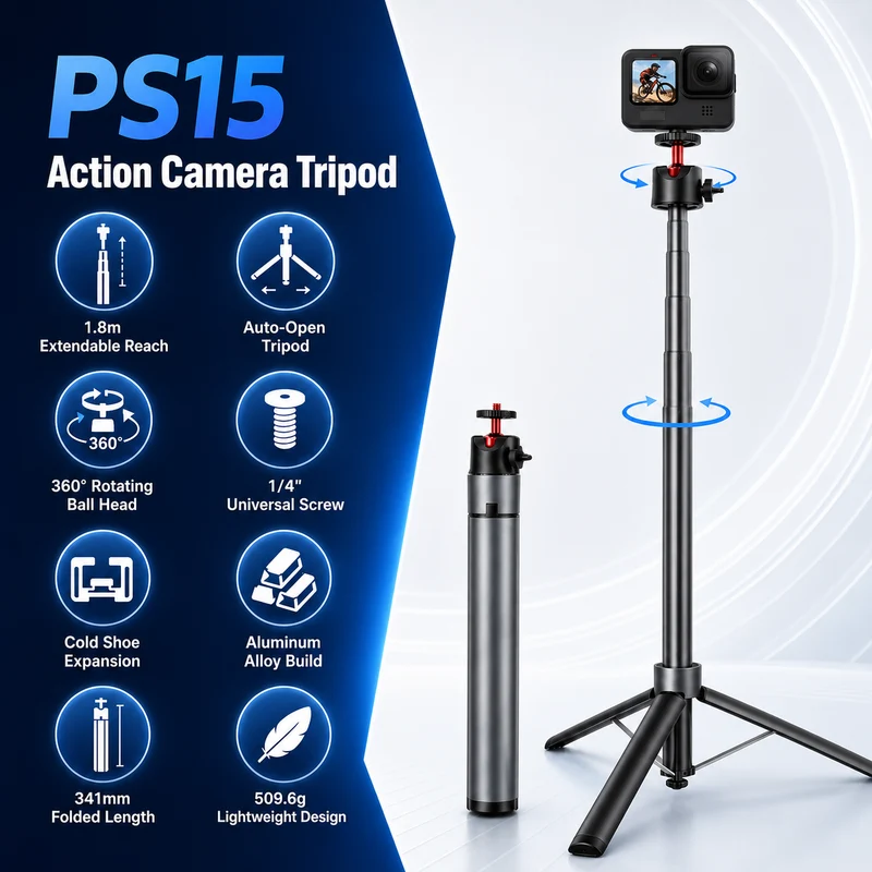 ZLOS PS15 Action Camera Selfie Stick Tripod, 1.8m Extendable Extension Pole with Auto Open Tripod Legs, 360° Rotation & 1/4" Mount