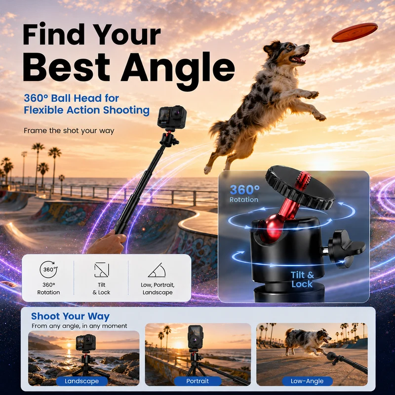 ZLOS PS15 Action Camera Selfie Stick Tripod, 1.8m Extendable Extension Pole with Auto Open Tripod Legs, 360° Rotation & 1/4" Mount