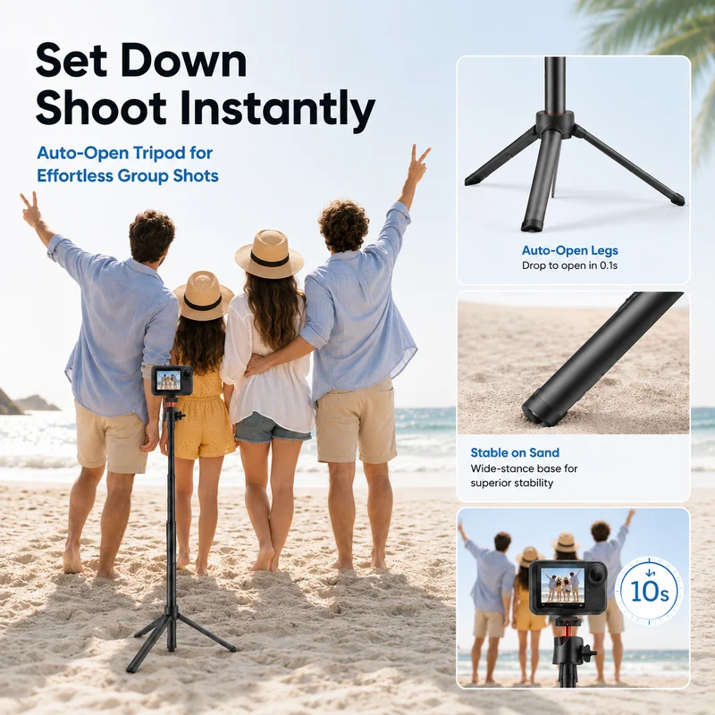 ZLOS PS15 Action Camera Selfie Stick Tripod, 1.8m Extendable Extension Pole with Auto Open Tripod Legs, 360° Rotation & 1/4" Mount