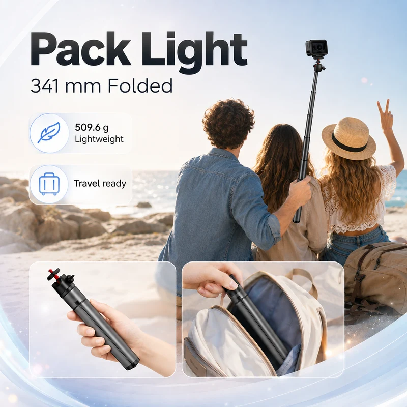 ZLOS PS15 Action Camera Selfie Stick Tripod, 1.8m Extendable Extension Pole with Auto Open Tripod Legs, 360° Rotation & 1/4" Mount