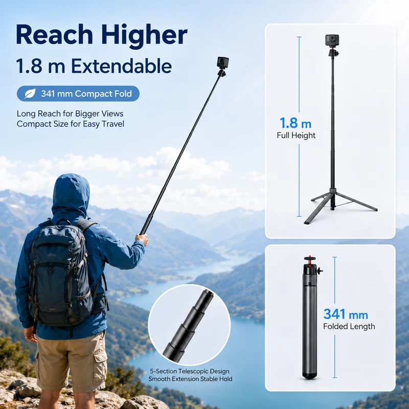 ZLOS PS15 Action Camera Selfie Stick Tripod, 1.8m Extendable Extension Pole with Auto Open Tripod Legs, 360° Rotation & 1/4" Mount