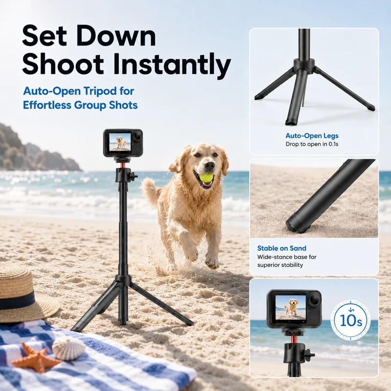 ZLOS PS15 Action Camera Selfie Stick Tripod, 1.8m Extendable Extension Pole with Auto Open Tripod Legs, 360° Rotation & 1/4" Mount