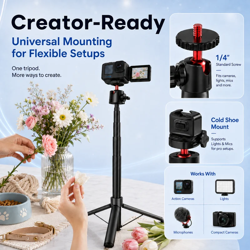 ZLOS PS15 Action Camera Selfie Stick Tripod, 1.8m Extendable Extension Pole with Auto Open Tripod Legs, 360° Rotation & 1/4" Mount