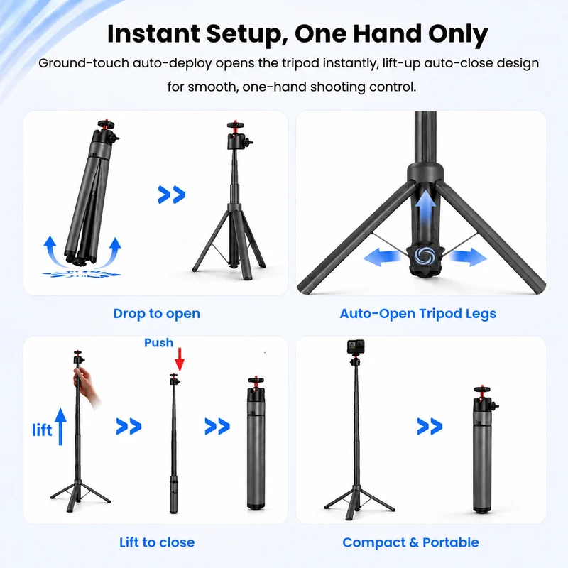 ZLOS PS15 Action Camera Selfie Stick Tripod, 1.8m Extendable Extension Pole with Auto Open Tripod Legs, 360° Rotation & 1/4" Mount
