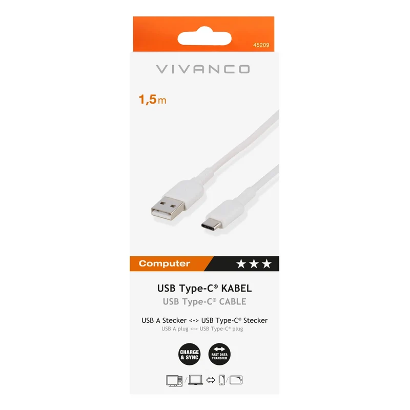 VIVANCO Hochwertiges USB Type C Anschlusskabel, schnelle Aufladung, Hohe Datensynchronisierung, USB Type C™ Stecker zu USB A Stecker, 1,5m