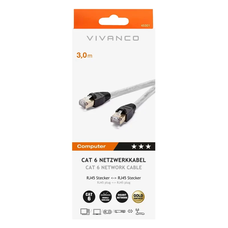 Hochwertige CAT6 Netzwerkkabel 3m, kompatibel mit RJ45 Geräten, Gigabit LAN, geschirmt, F/UTP, Twisted Pair