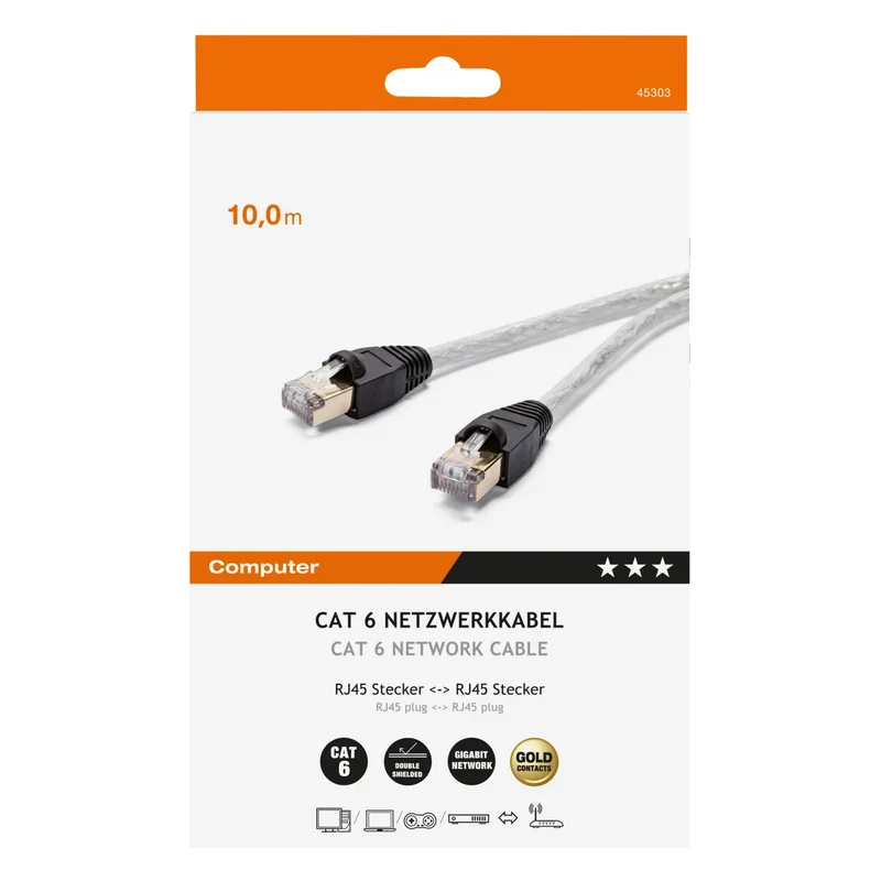 VIVANCO Hochwertiges CAT6 Netzwerkkabel, kompatibel mit Gigabit LAN, RJ45, doppelt geschirmt, Goldkontakte, 10 Meter, SFTP